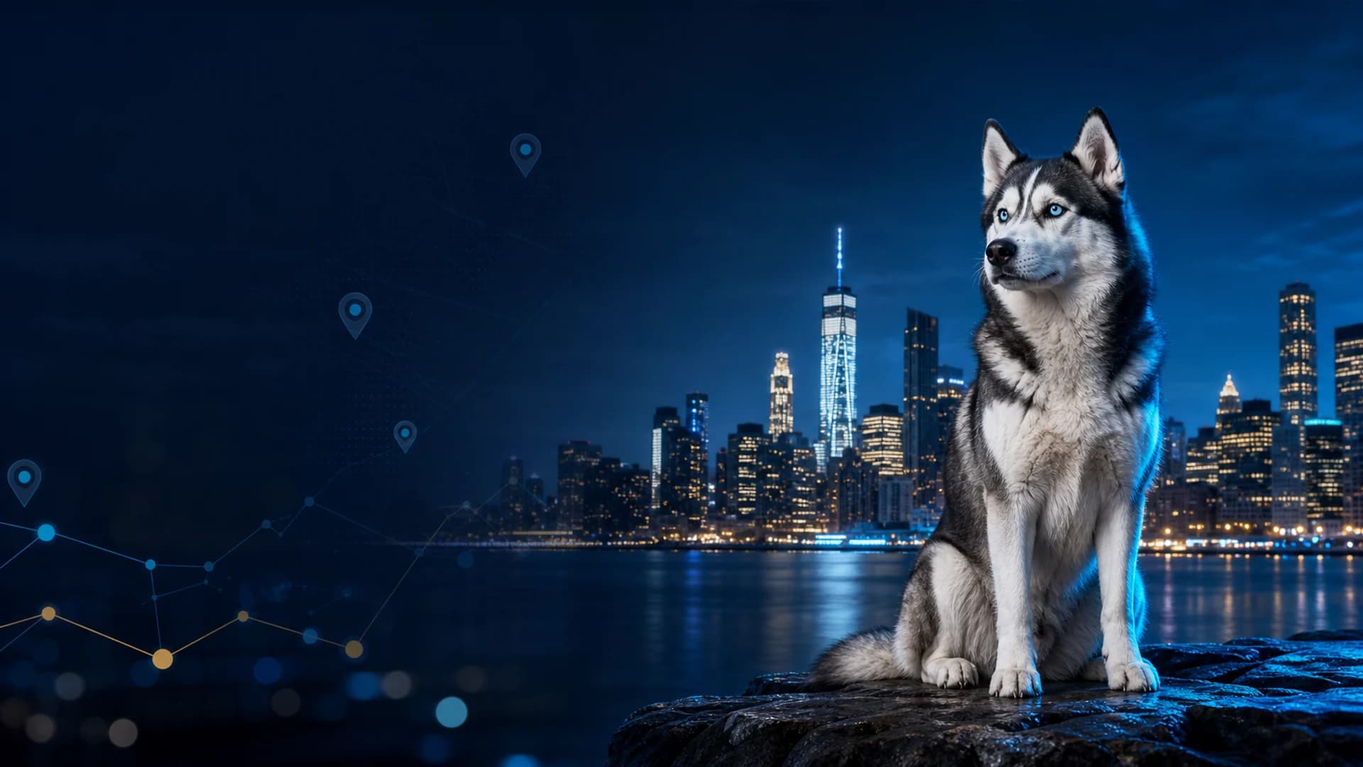 Everest the husky overlooking the New York City skyline
